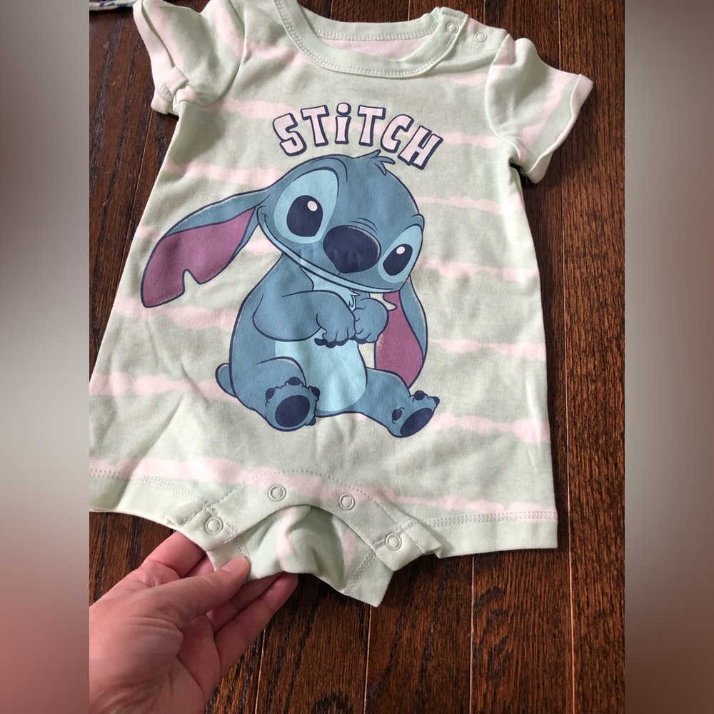 Disney Baby 3-6M Stitch Green Striped Short-Sleeve One Piece w/Matching Hat NWOT - Picture 7 of 11